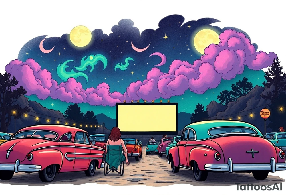Tim Burton’s 40s drive in movie from outside view has lots of cute pastel vintage cars and couples watching the movie and dripping with muted reds, dusty pinks, and eerie green glow purple and cyan smokey clouds swirl and dance in the moonlit night sky filled with twinkling stars  tattoo idea tattoo idea