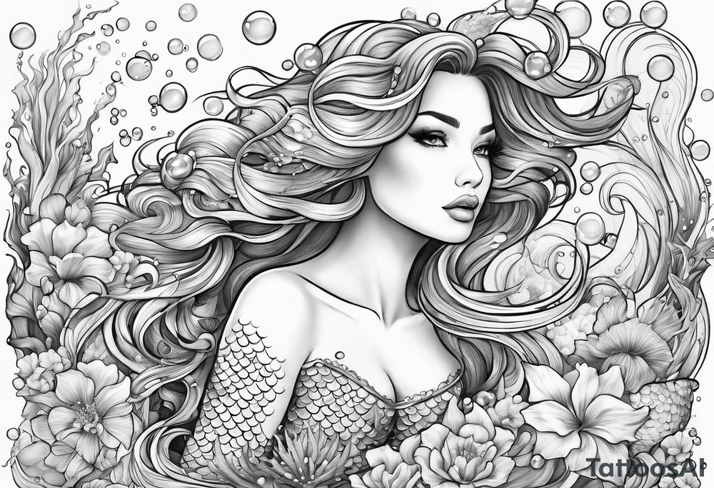mermaid flowers waves coral bubbles underwater tattoo idea