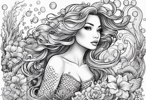 mermaid flowers waves coral bubbles underwater tattoo idea