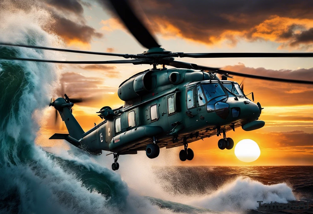 A cinematic-style tattoo depicting a Canadian military CH-148 Cyclone helicopter performing a daring maneuver over a turbulent ocean. The sky should be filled with dramatic clouds, and the sun should be setting, casting long shadows. The helicopter should be the main focus, with intricate details and a sense of motion. In the background, a poppy should be prominently displayed, and a quote from 'Lest We Forget' should be included, black and white tattoo tattoo idea