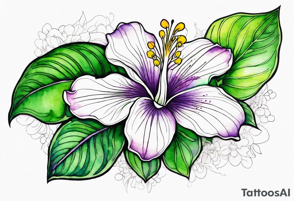 An outline of a rio dipladenia flower with a green and purple watercolor background tattoo idea