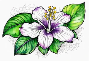 An outline of a rio dipladenia flower with a green and purple watercolor background tattoo idea