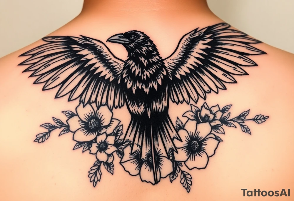 A raven with outstretched wings, surrounded by flowers tattoo idea