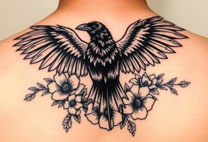A raven with outstretched wings, surrounded by flowers tattoo idea