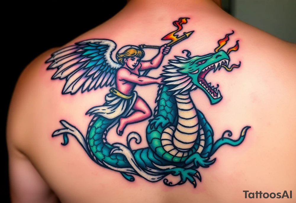 Please create a stained glass style tattoo design featuring an angel battling a sea serpent. The angel should have a dynamic pose, wielding a weapon, and the sea serpent should be large, menacing, and breathing fire. The design should incorporate traditional stained glass elements like bold lines, vibrant colors, and intricate patterns, capturing both the intensity of the battle and the beauty of the medium. tattoo idea
