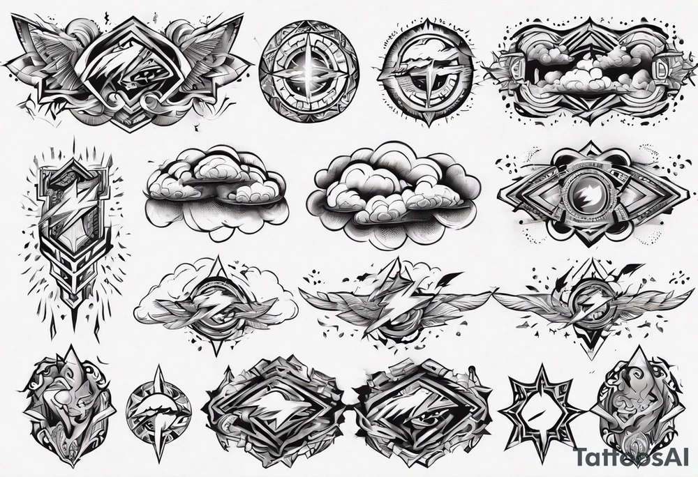 forearm sleeve lightning and clouds pattern tattoo idea