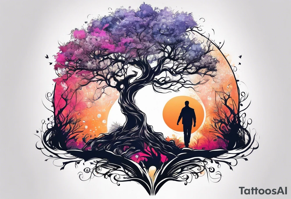man who throws a little girl under a tree of life tattoo idea