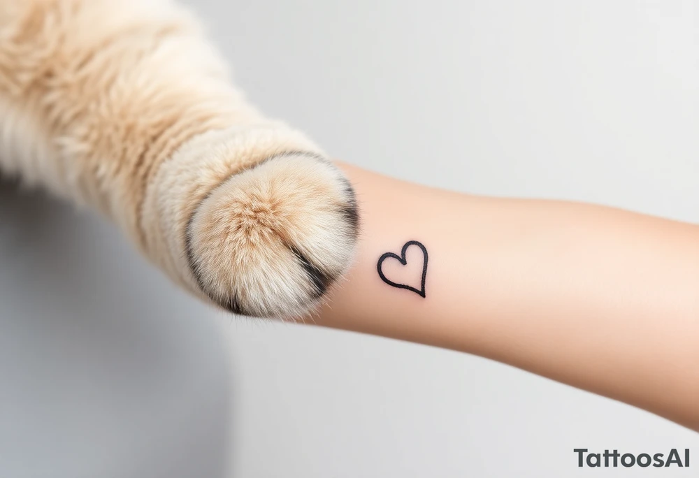 A detailed cat paw with soft fur textures, using natural tones of cream, gray, and light brown for a delicate and cozy feel and heart tattoo idea
