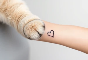 A detailed cat paw with soft fur textures, using natural tones of cream, gray, and light brown for a delicate and cozy feel and heart tattoo idea