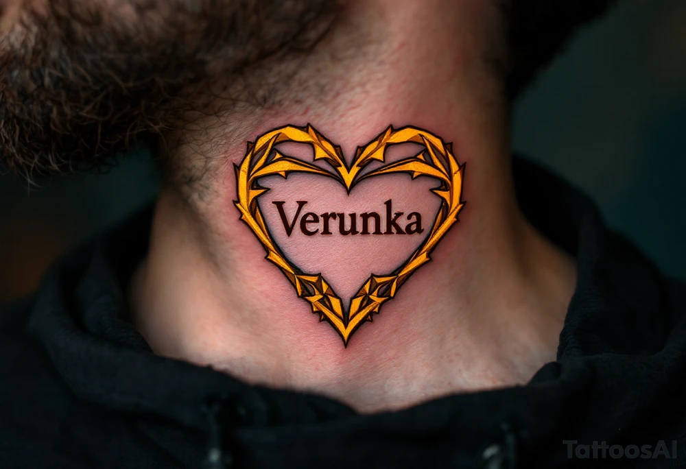 A soft orange heart outlined in gold, framing the name Verunka. tattoo idea