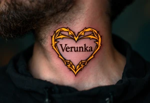 A soft orange heart outlined in gold, framing the name Verunka. tattoo idea