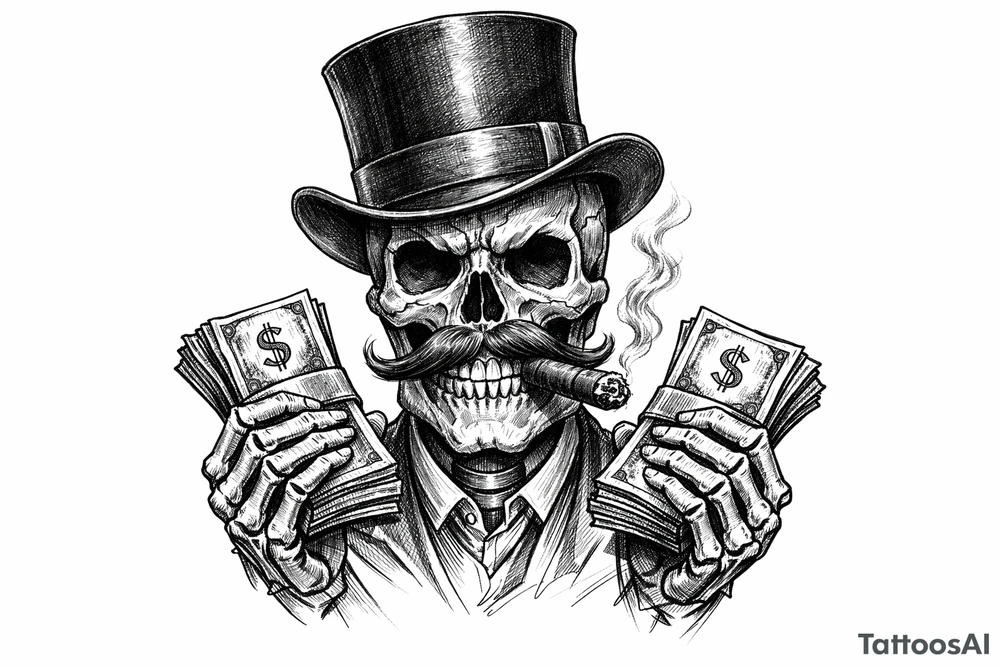 skull with mustache,top-hat,cigar in his mouth,money in both hands. tattoo idea