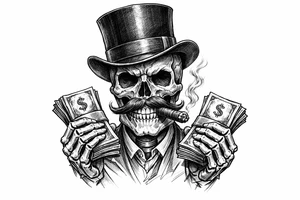 skull with mustache,top-hat,cigar in his mouth,money in both hands. tattoo idea