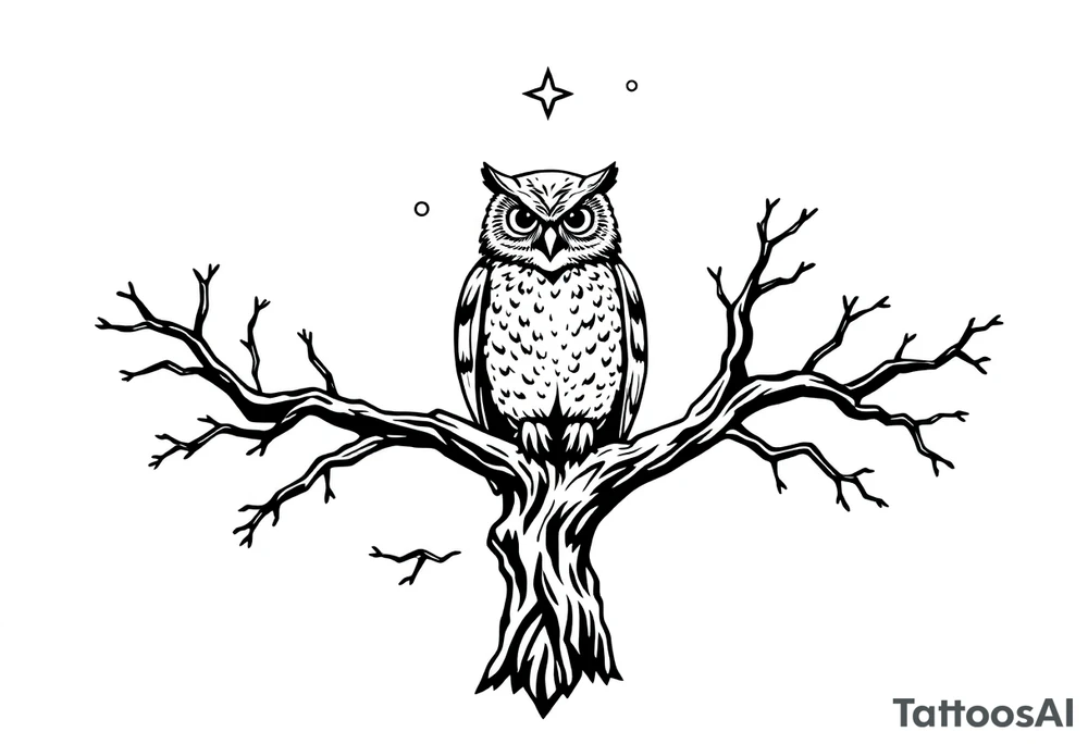 wise owl perched on ancient oak branch under starlit sky tattoo idea