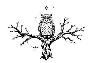 wise owl perched on ancient oak branch under starlit sky tattoo idea