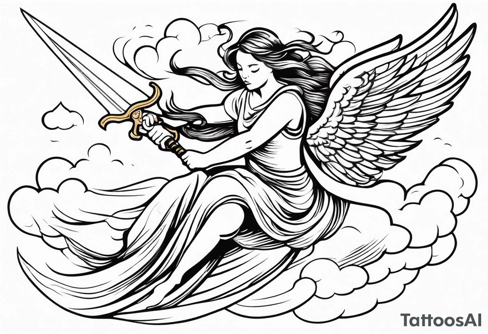 female angel with sword flying in the sky tattoo idea