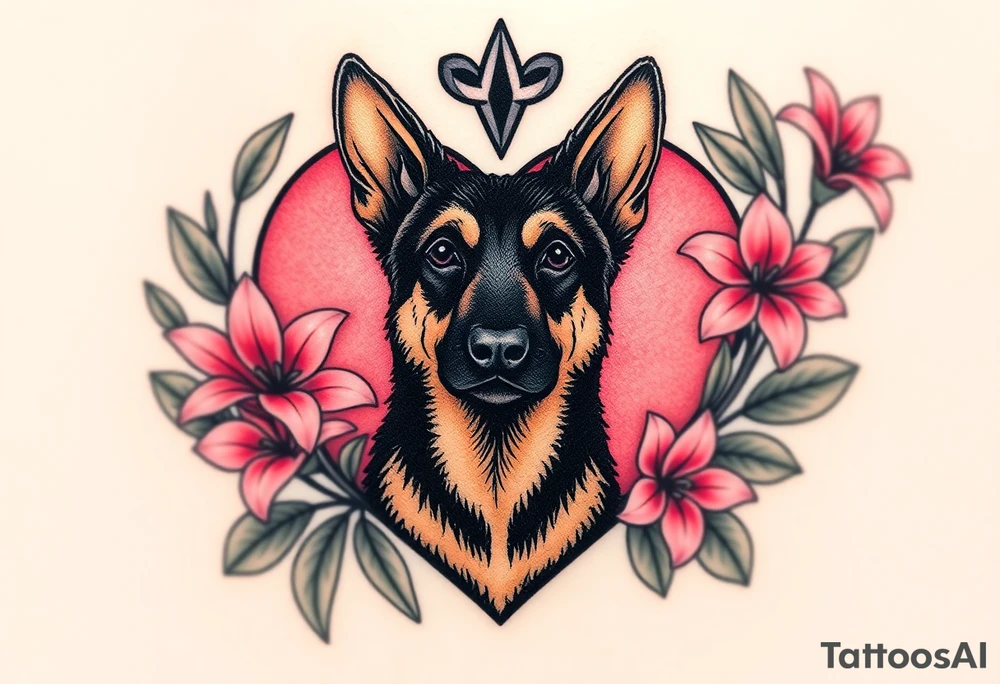 strong looking short haired german shepherd with alert ears surrounded by pink lilies with large leaves in front of a sacred heart tattoo idea