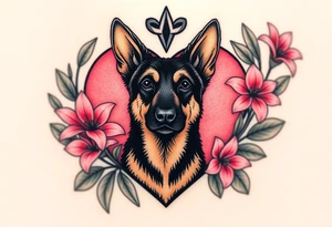 strong looking short haired german shepherd with alert ears surrounded by pink lilies with large leaves in front of a sacred heart tattoo idea