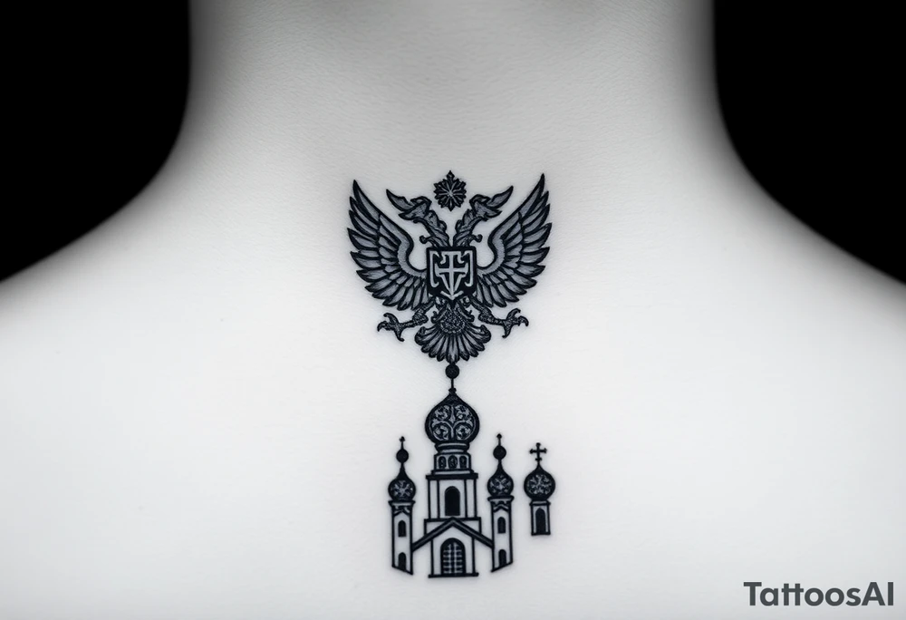 Stacked Vertical Column 

Russian star — bold
Middle: double-headed eagle — simplified, cleaner lines to suit the smaller space
Bottom: Orthodox church dome(s) & a Virgin Mary silhouette beneath tattoo idea