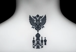 Stacked Vertical Column 

Russian star — bold
Middle: double-headed eagle — simplified, cleaner lines to suit the smaller space
Bottom: Orthodox church dome(s) & a Virgin Mary silhouette beneath tattoo idea