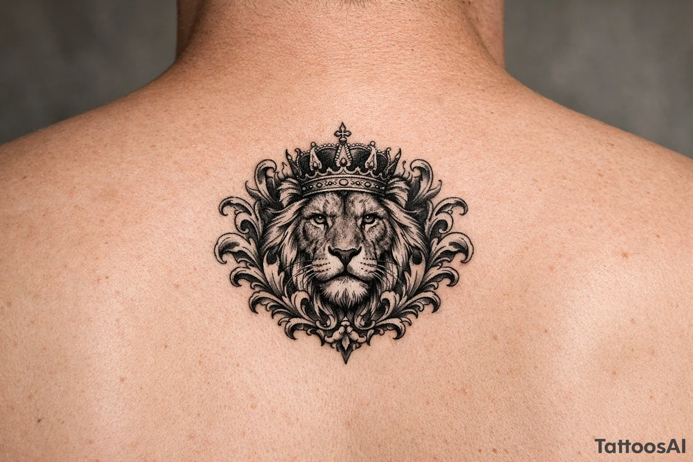 majestic lion wearing ornate crown, surrounded by baroque flourishes tattoo idea