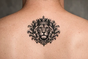 majestic lion wearing ornate crown, surrounded by baroque flourishes tattoo idea
