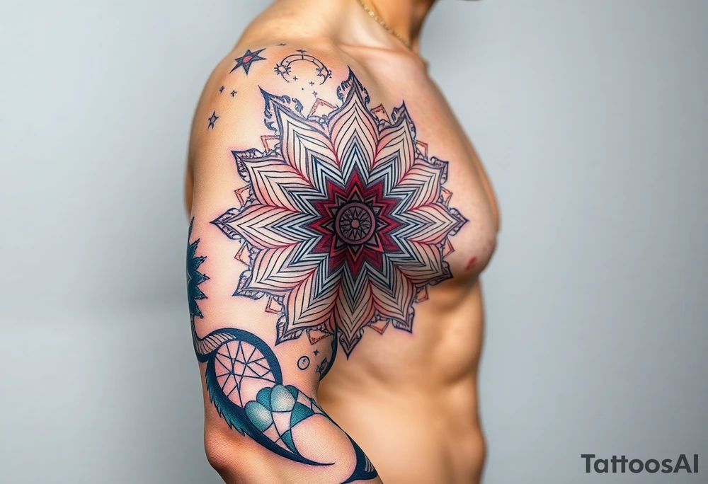 intricate mandala with sacred geometry and cosmic elements tattoo idea