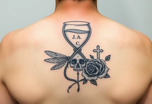 Hourglass with the letters J, A, C in the sand, skull, dragonfly, cross, black rose, and Ford emblem tied into each other tattoo idea