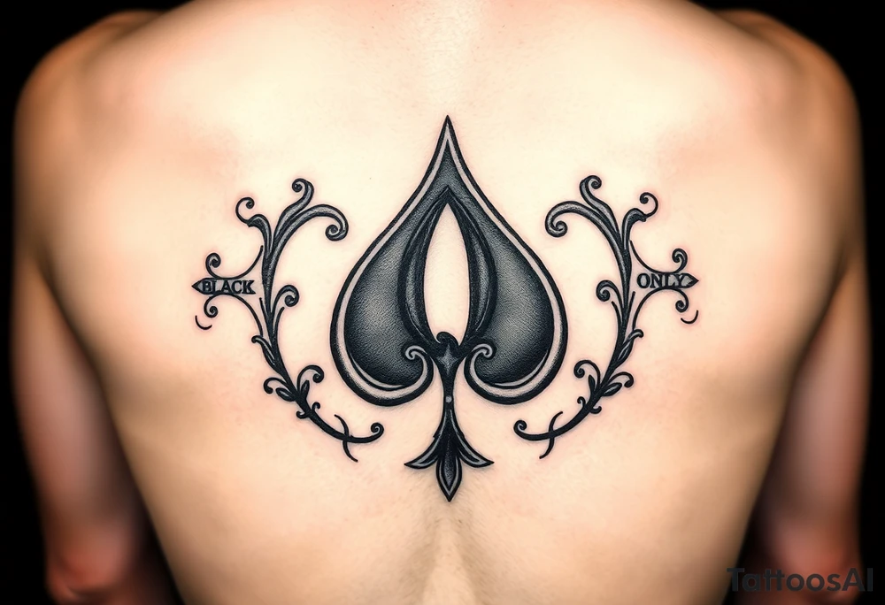 A spade womb tattoo with a Q in the center, with three points around the outside. The first reading, "BLACK". The second reading, "SEED". The third reading, "ONLY". tattoo idea