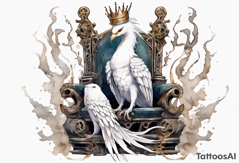 a white bird-serpent hybrid, wearing a iron crown, coiled around a throne tattoo idea