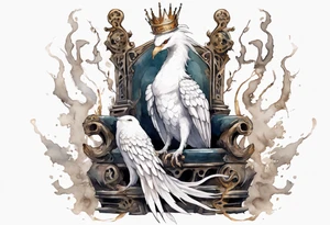 a white bird-serpent hybrid, wearing a iron crown, coiled around a throne tattoo idea