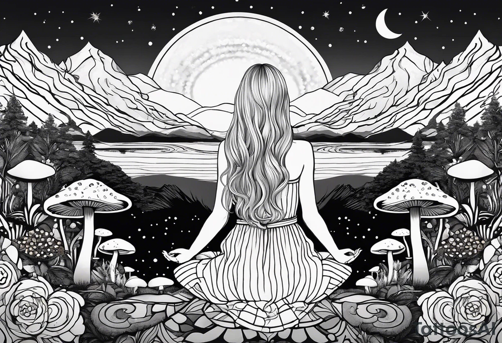 Straight blonde hair girl meditating facing away toward mountains surrounded by mushrooms crescent moon mandala circular design black and white striped dress tattoo idea