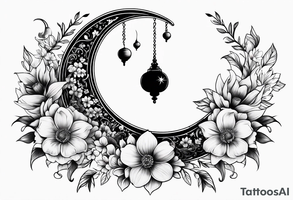 Crescent moon shrouded in pretty flowers tattoo idea