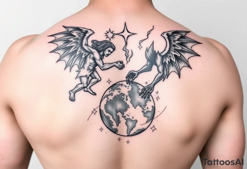 Heaven and hell fighting each other on earth tattoo idea