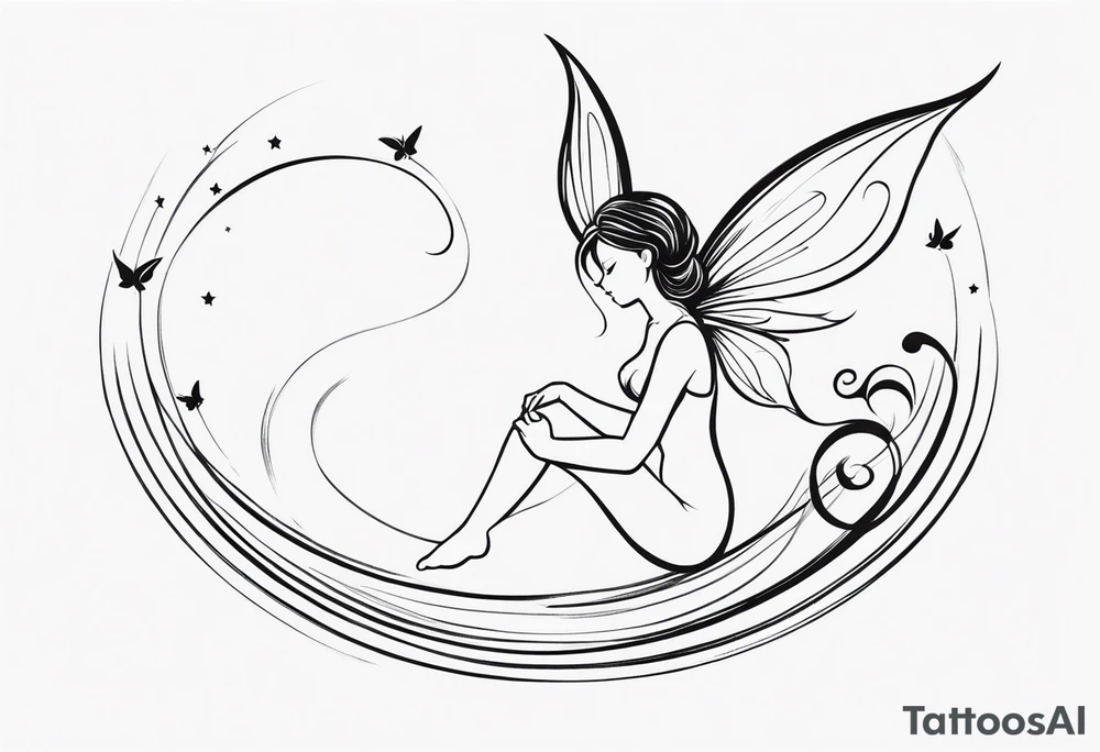 Minimalistic, monochromatic fairy with a tail flying to the left in a fetal position, leaning and looking in the same direction, with visible hands, embodying the 'Fairy Tail' logo aesthetic. tattoo idea