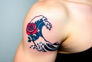 The Great Wave off Kanagawa With a red rose with a stem on the side of the wave tattoo idea