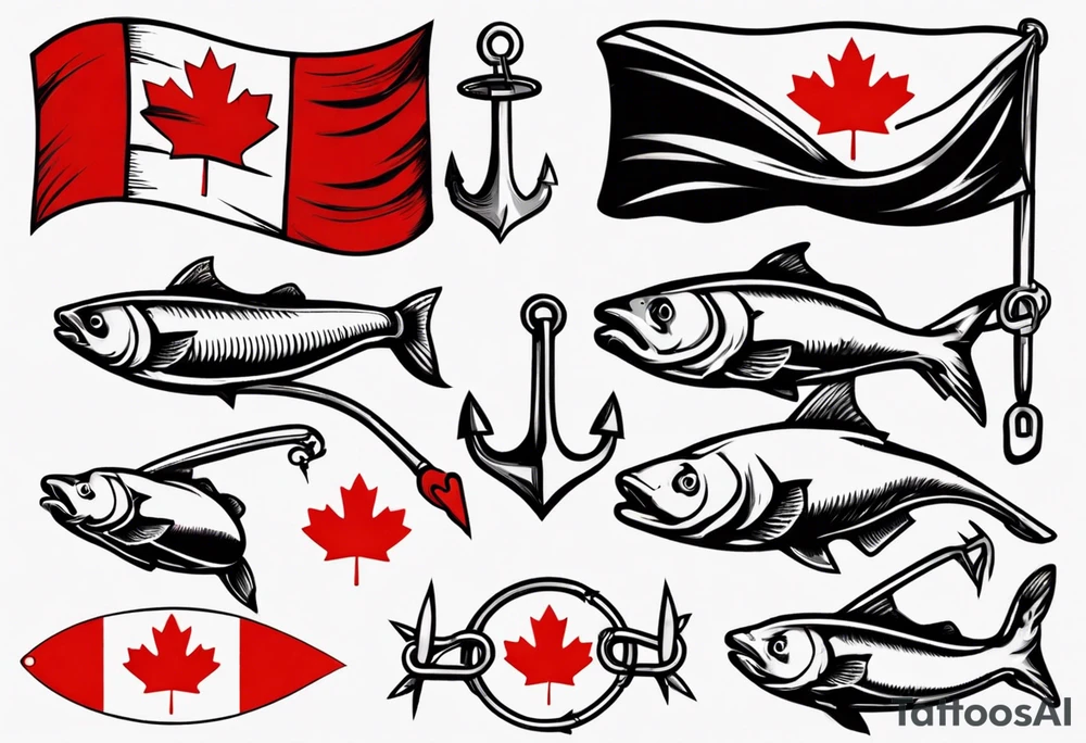 Canadian flag with crossed fish hooks tattoo idea