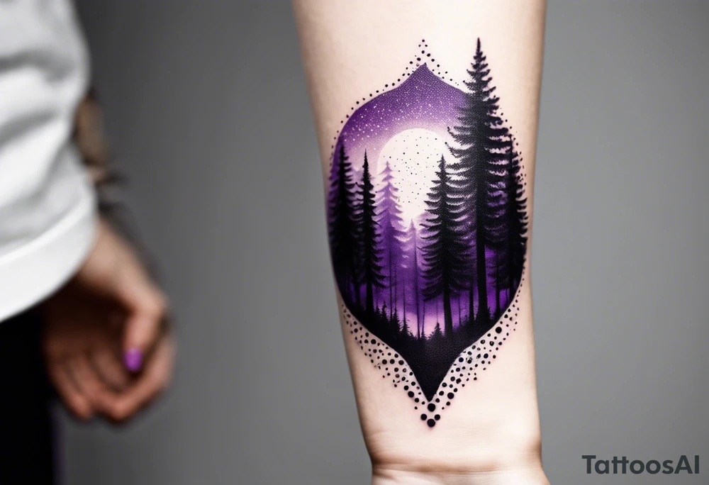 forest, abstract, on hand, no people, purple and black, full, whole wrist wrapped tattoo idea