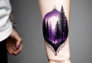 forest, abstract, on hand, no people, purple and black, full, whole wrist wrapped tattoo idea