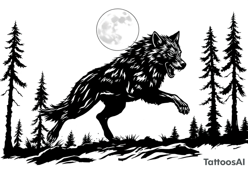 Silhouette of a werewolf running through a forest under a moonlit sky. tattoo idea