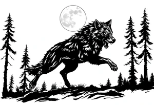 Silhouette of a werewolf running through a forest under a moonlit sky. tattoo idea