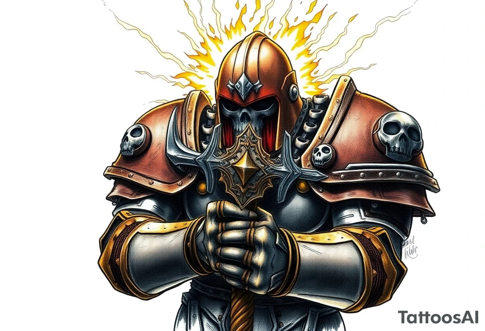 Warhammer, the Old World. A warrior priest of Sigmar holding The Warhammer of Sigmar. The Warhammer of Sigmar is radiating thunderous energy. The Warhammer is held by the warrior priest with both hands at the shaft with a firm grip, upon his chest level. The Warrior priest is wearing dark alloyed heavy armour (reference armor from warhammer vermintide 2 Victor Saltzpyres, the warrior priest of Sigmar class) with skull sigils on his shoulder pads. The warrior priest is wearing a helmet, while the helmets front visor has an humanoid metal face covering. The helmet and armour are gladened with hints of gold and crimson red. The Warhammer is silverish and golden with a long shaft with twisted carvings. tattoo idea