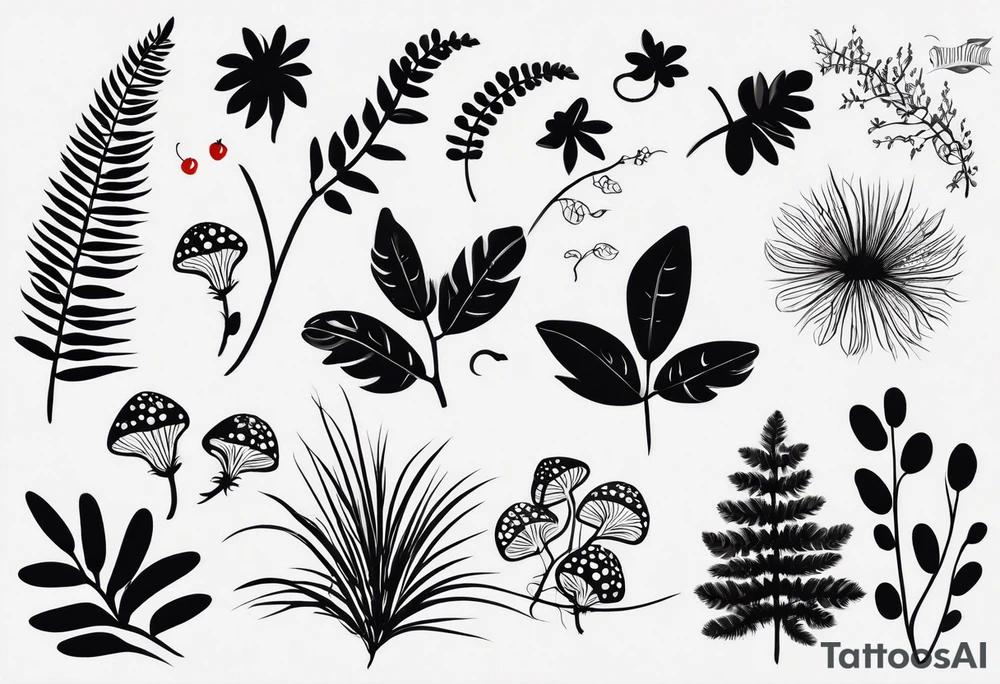 forest floor inspired minimalist tattoo, which includes grass, curly ferns and dead leaves as the bulk of the tattoo. details to include: three very tiny strawberries, a tiny bumblebee flying nearby, three small brown mushrooms tattoo idea