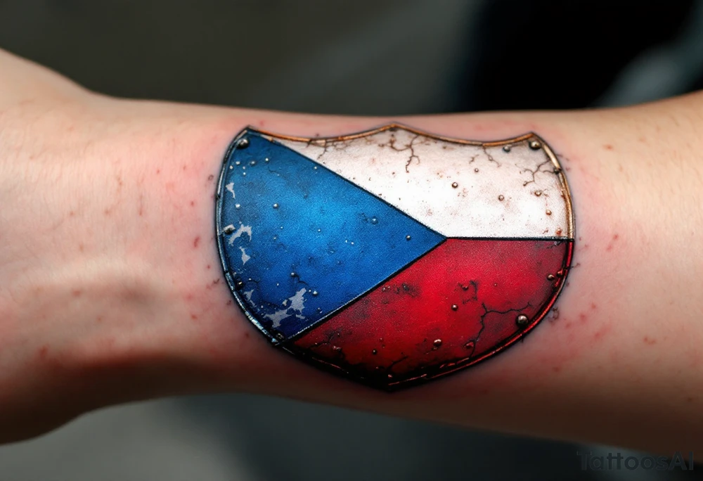 A Czech flag shield with metallic engravings, creating an antique, battle-worn effect in blue, white, and red. tattoo idea