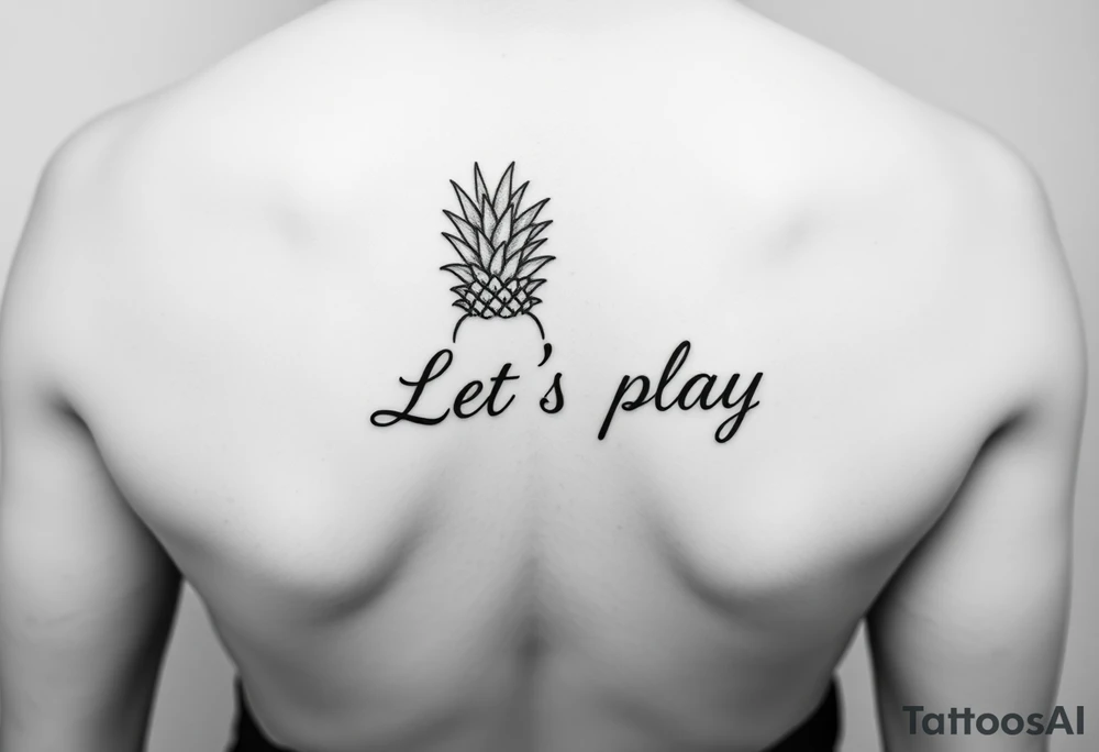A black ink wrist tattoo featuring a realistic yet minimalistic pineapple. The pineapple is finely detailed with clean, precise lines, capturing the natural texture of the fruit while keeping the design subtle and uncluttered. Inside the body of the pineapple, the phrase "Let's play" is clearly placed in a bold but not overly thick font, ensuring readability while maintaining balance with the overall design. The leaves of the pineapple have a fine-line style with slight variations in thickness for a natural feel. The tattoo blends fine details with subtle bold elements, creating a clean and modern aesthetic. tattoo idea