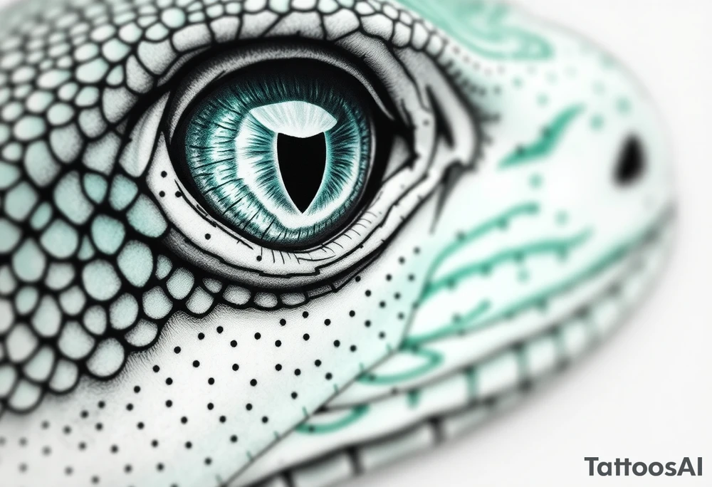 "A hyper-detailed close-up of a lizard eye, realistic scales texture, emerald green and black ink style, small tattoo design (3-5 cm), sharp lines, stippling shading, minimalist background, high contrast, suitable for forearm or wrist. Trending on Pinterest, Behance. Do not include full face, only the eye area. tattoo idea