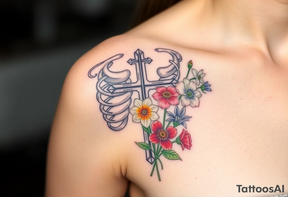 A tattoo with ribs and a cross representing from death to life. Incorporate the following flowers in a bouquet coming out of the life side. Morning Glory, Lily of the Valley, Daffodil, Rose, Poppy, Violet tattoo idea