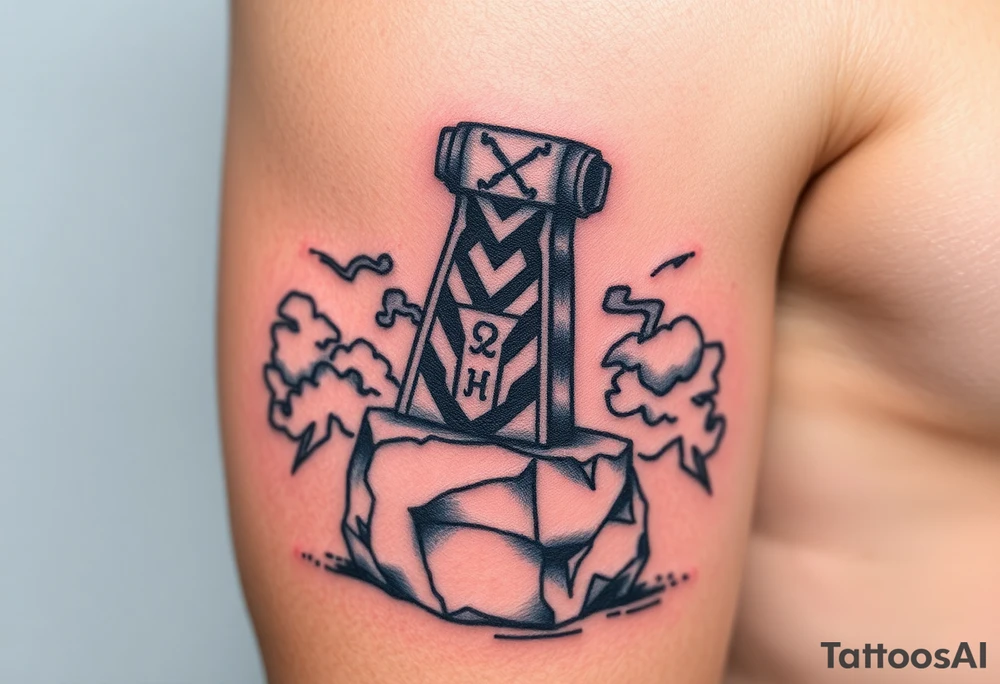 A massive Mjölnir hammer resting on a stone, ancient runes glowing on its surface, surrounded by storm clouds tattoo idea