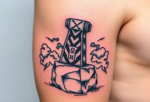 A massive Mjölnir hammer resting on a stone, ancient runes glowing on its surface, surrounded by storm clouds tattoo idea