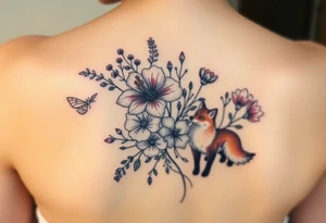 vintage bouquet of wild hibiscus
 and meadow flowers with morning dew and a fox tattoo idea
